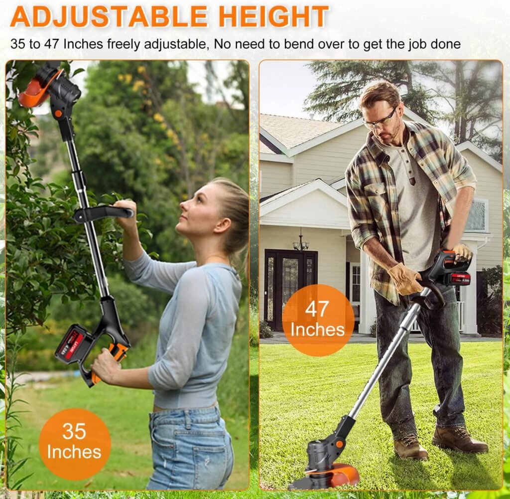 Weed Wacker, 21V Electric Cordless Weed Eater with 3 Types Blades and 4Ah Battery Powered, Weed Cutter, Lightweight, Adjustable Cutting Angle  Height, Lawn Trimmer for Garden and Yard