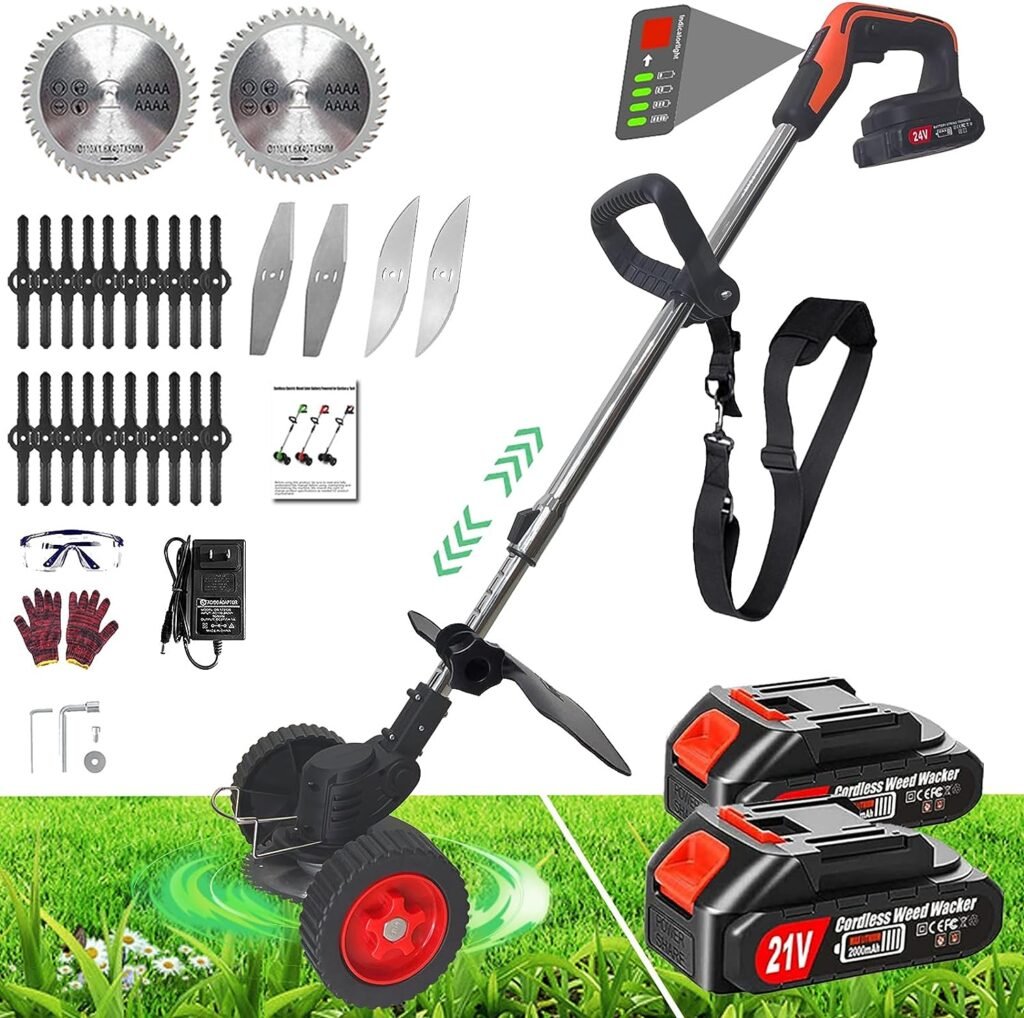 Weed Wacker Cordless Brush Cutter with 4 Types Blades, 24V/2000mAh Electric Weed Eater Battery Powered, Lightweight Wheeled Grass Trimmer/Weed Trimmer/Lawn Edger for Garden Yard(with Shoulder Strap)