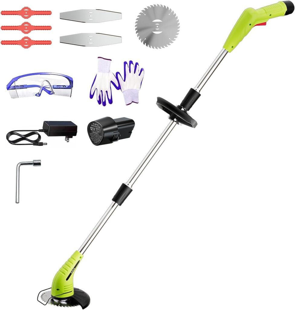 Weed Wacker Cordless Lawn Trimmer - Aokia 12V String Trimmer Edger Lawn Tool with 3 Types Blades, 2.0Ah Li-Ion Battery Powered Grass Cutter Weed Trimmer for Yard and Garden (Partially Pre-Assembled)