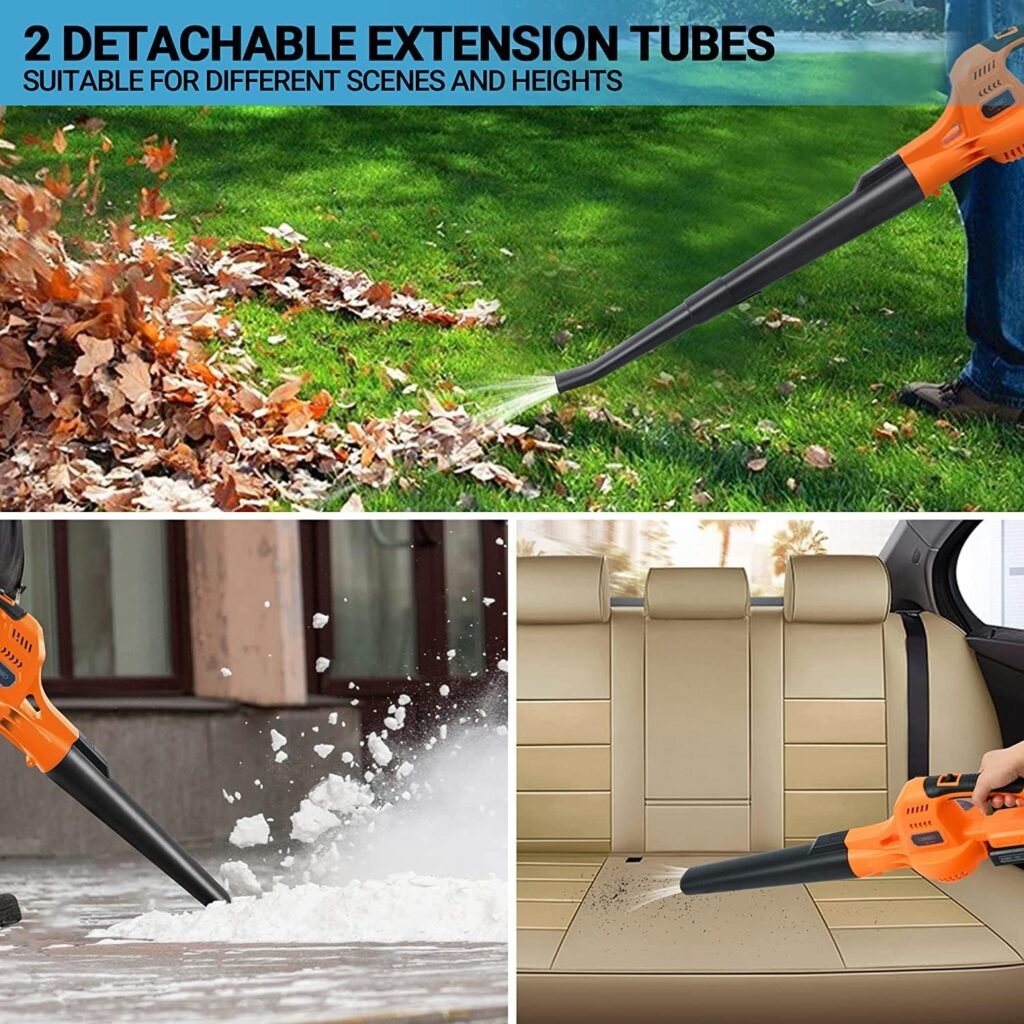 WISETOOL 20V Cordless Leaf Blower with Battery and Charger, Leaf Blower Battery Operated, Rechargeable Electric Handheld Leaf Blower Variable Speed With 2 Tubes For Patio, Leaves  Snow Blowing-Orange