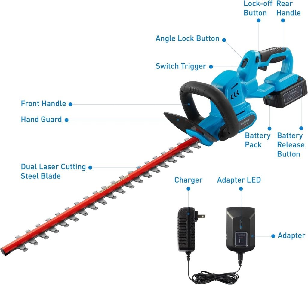 WISETOOL Cordless Hedge Trimmer, 20V Electric Bush Trimmer with 22 Dual-Action Blades, 3/4 Cutting Capacity, Shrub Trimmer Include 4.0Ah Battery, Fast Charger and Protection Glasses
