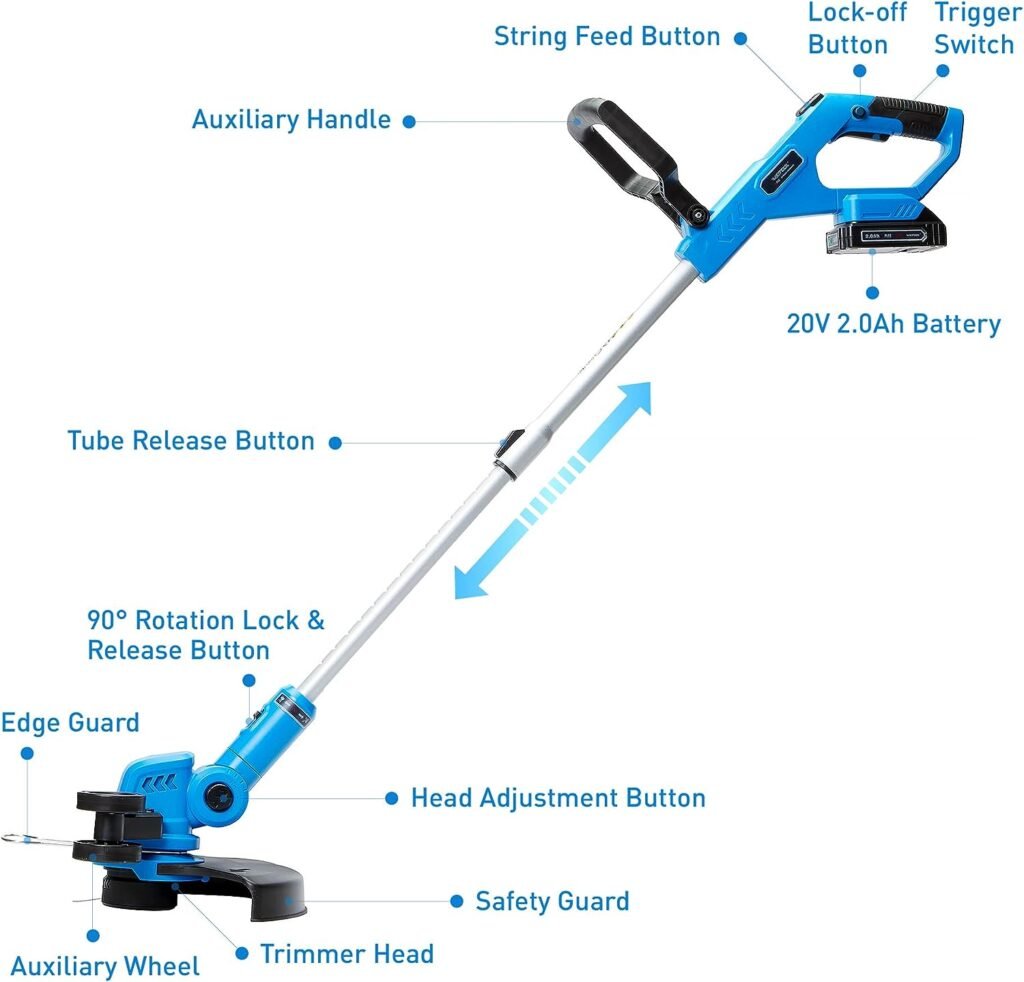 WISETOOL Weed Wacker Battery Powered, Cordless String Trimmer  Edger, 12 Inch Weed Eater with 3 Spools, Edger Lawn Tool with 90 Degree Adjustable Head, 20V 2.0Ah Battery and Fast Charger Included