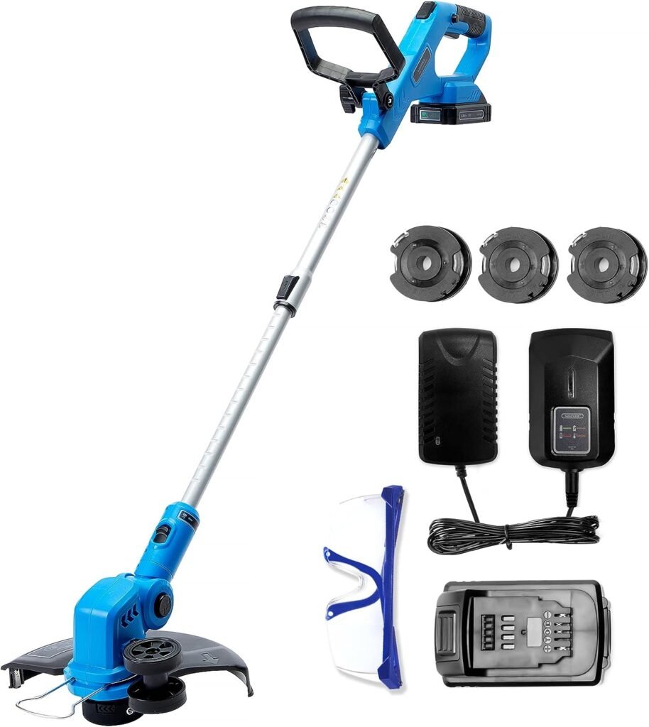 WISETOOL Weed Wacker Battery Powered, Cordless String Trimmer  Edger, 12 Inch Weed Eater with 3 Spools, Edger Lawn Tool with 90 Degree Adjustable Head, 20V 2.0Ah Battery and Fast Charger Included
