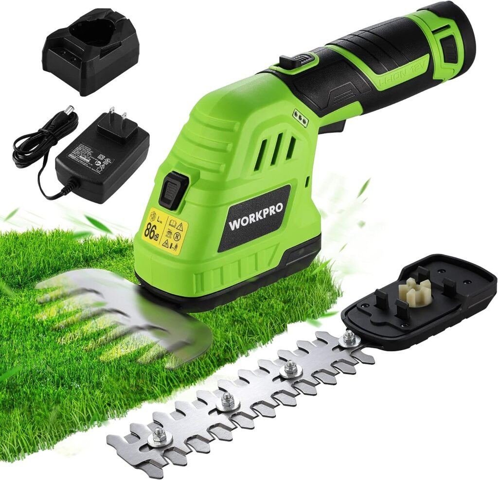 WORKPRO 12V Cordless Grass Shear  Shrubbery Trimmer - 2 in 1 Handheld Hedge Trimmer, Electric Grass Trimmer Hedge Shears/Grass Cutter with 2.0Ah Rechargeable Lithium-Ion Battery 1 Hour Fast Charger