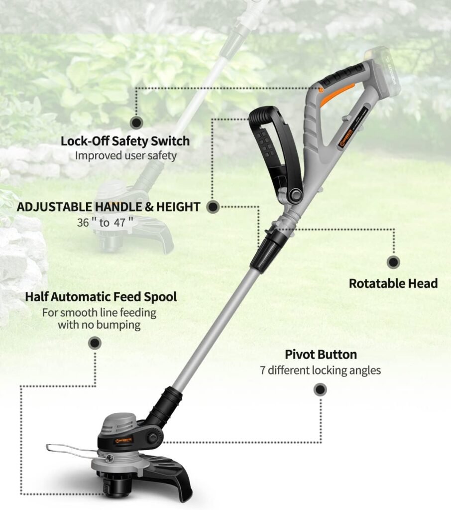 WORKSITE 20V Cordless String Trimmer/Edger, 20V 10 Inch Grass Trimmer with Auto Feed, 2 Trimmer Spool Line, 2.0Ah Battery and Charger Included, for Garden and Yard